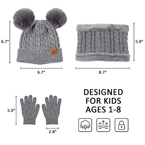 Yuoahcn Kids Winter Beanie Hat Scarf Gloves Set Knit Warm Toddler Winter Cap Gloves Neck Warmer for Boys Girls 1-8 Year - color: Grey