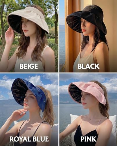 Sun Hats for Women UV Protection Wide Brim UPF 50+ Sun Visor Foldable Packable Empty Top Beach Hat Shell Hat Roll up Ponytail - color: Blue#a