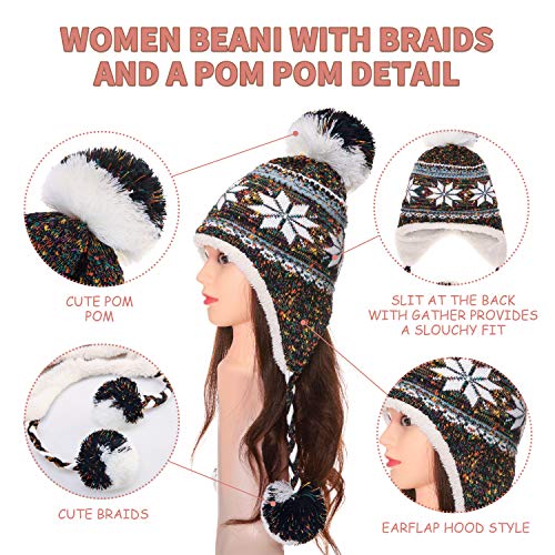 Dosoni Winter Hats for Women Knit Beanie Soft Warm Fleece Lined Long Ear Straps Snow Ski Cap with Pompom - color: Mixed Color
