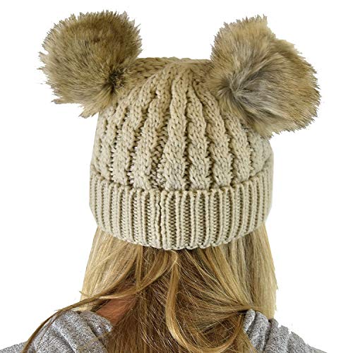 C.C 2 Ear Pom Pom Cable Knit Soft Stretch Cuff Skully Beanie Hat - color: Faux Fur Beige