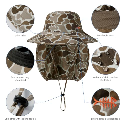 BASSDASH UPF 50+ Breathable Sun Hat with Removable Face Cover and Neck Flap Wide Brim Bucket Hat for Fishing Hiking Men Women - color: Camel Brown Block Camo