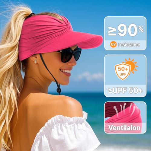 Sun Hats for Women, Wide Brim UV Protection Foldable Sun Visor Hats, UPF50+ - color: Rose Red