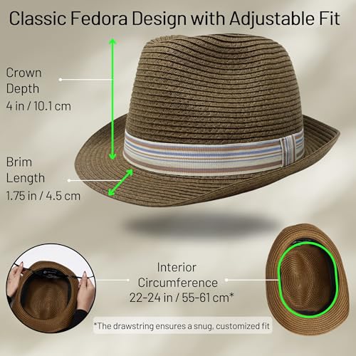 Funky Junque Packable Straw Fedora, Mens Panama Trilby Hat - color: Coffee Brown, size: Small-Medium