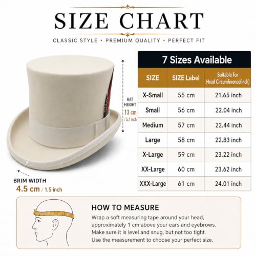Wool Top Hat for Men Women Topper Hat Mens Tall Tophat Christmas Costume - color: Beige, size: XX-Large