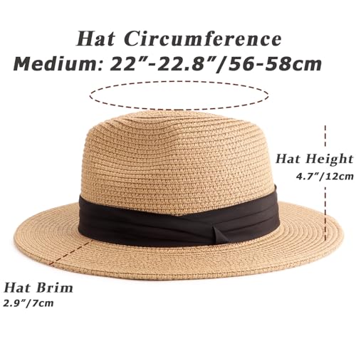 DRESHOW Women Straw Panama Hat Travel Fedora Beach Sun Hat Summer Wide Brim Straw Roll up Hats UPF 50+ - color: Fedora Khaki