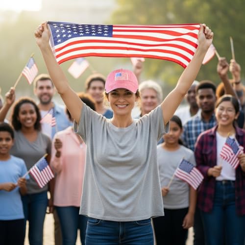 Falari USA Flag Embroidered Baseball Cap, Low Profile Adjustable Dad Hat, 100% Cotton, Pre-Washed - color: Pink