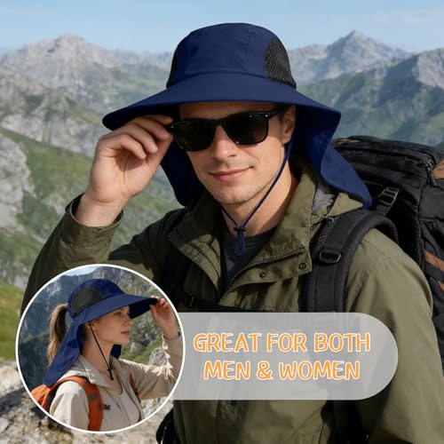 Sun Hat for Men Women with Neck Flap,UPF 50+ UV Protection Fishing Hat - color: 1pack-navy Sleeves