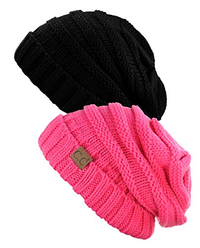 NYFASHION101 Oversized Baggy Slouchy Thick Winter Beanie Hat - color: Black & Candy Pink