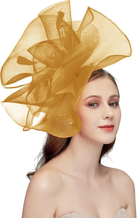 Women's Fascinators Hat for Women Tea Party Headband Wedding Cocktail Flower Mesh Feathers Hair Clip - color: 01 Gold