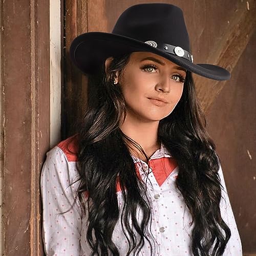 DRESHOW Women Men Classic Felt Wide Brim Western Cowboy & Cowgirl Cap Belt Buckle Retro Panama Hat Unisex Rolled up Caps - color: 1 Pack Style 1: Black a (Hat Circumference: 22-22.8")