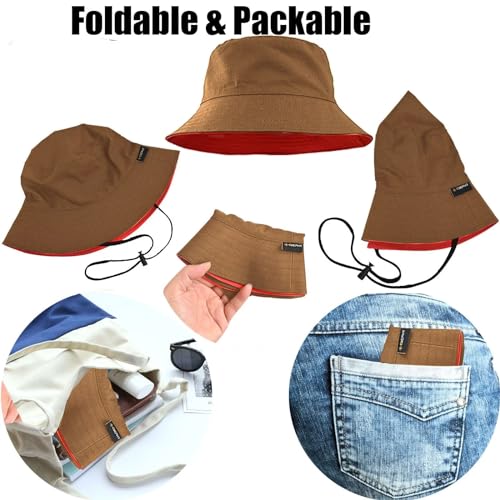 Womens Bucket Rain Hat Reversible Packable Foldable Water Repellent Cute for Ladies Travel Hiking Golf - color: Brown/Red, size: Small