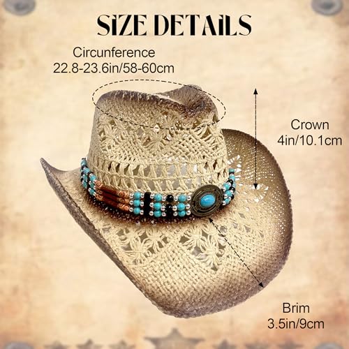 Carnavalife Straw Cowboy Hat for Women and Men, Western Cowgirl Hat with Turquoise Beaded Band for Rodeos and Festivals - color: Shaded Beige, size: 7 1/4