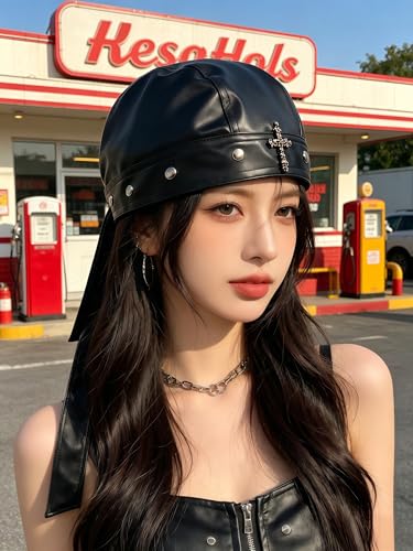 Leather Biker Skull Cap for Women Adjustable Skull Motorcycle Hat with Snug Fit, Stylish Biker Head Wrap & Riding Cap - color: Skull-studded Cross