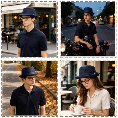 XGOPTS Unisex Summer Mesh Straw Porkpie Hat Trilby Jazz Fedora Panama Hats - color: Dark Blue