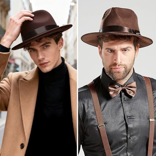 BABEYOND 1920s Fedora Hat for Men Gatsby Wide Brim Hat Felt Panama Cap - color: Brown
