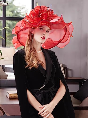 Z&X Women Organza Church Derby Hat Wide Brim Sun Hats for Wedding Tea Party Fascinator Hat, Dual-use - color: 1901- Red