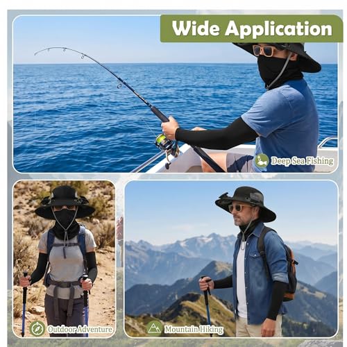 Syhood Solar Powered Fan Hat Neck Gaiter Arm Sleeves Sun Bucket Hat with Fan Cooling Wide Brim Hats for Fishing Hiking - color: Black, style: Breathable