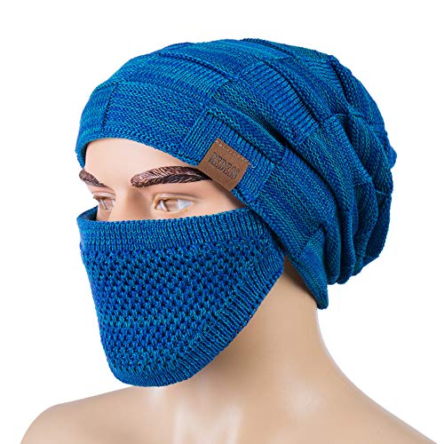 REDESS Beanie Hat for Men and Women Winter Warm Hats Knit Slouchy Thick Skull Cap with Face Cover - color: D5 Blue
