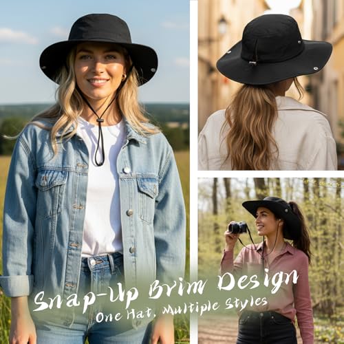 Wide Brim Waterproof Bucket Rain Hat for Women Men UPF50+ Cowboy Sun Hat - color: Ponytail Black