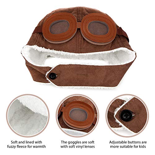 Syhood 1 Piece Aviator Hat with Goggles Pilot Brown Fleece Earflaps