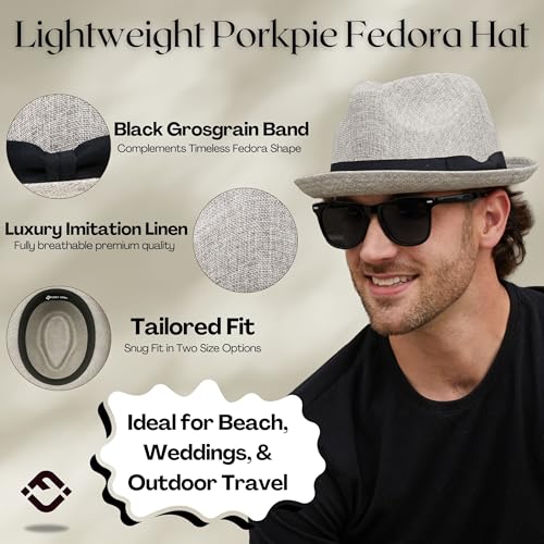 Funky Junque Men's Panama Porkpie Fedora, Linen Summer Beach Hat - color: Light Grey, size: Small-Medium