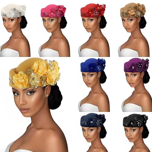 ORIDOOR Women's American and British Felt hat Church Derby Wedding Tea Party Crystal Flower Decoration Beret hat - color: 01-navy Blue