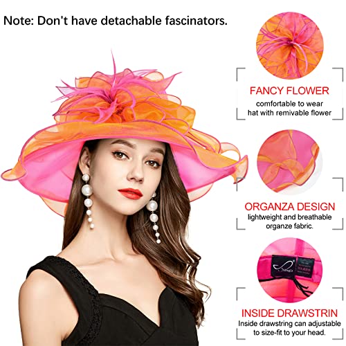 2026 Derby Hat, Classy Sun Hats for Women Ladies, Organza Feather Kentucky Fascinator for Tea Party Church UV Protection - color: 4d2867-rose Rose+orange
