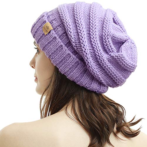 Womens Winter Beanie Warm Knit Hat Cable Stretch Trendy Ribbed Chunky Cap - color: Purple