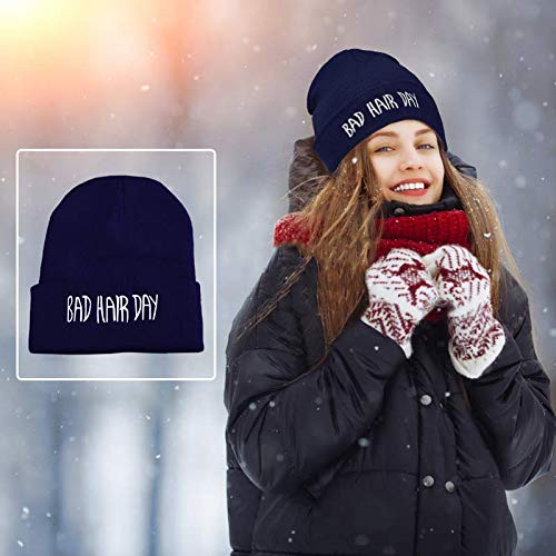 Knit Beanie Hat for Women Men Bad Hair Day Embroidered Winter Skull Cap - color: Navy Blue