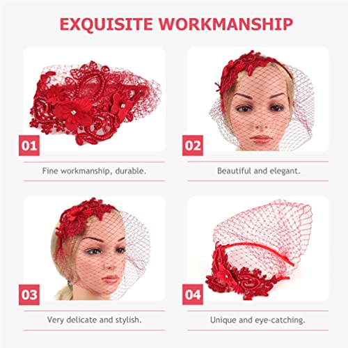 Beaupretty Womens Fascinators Hat Bridal Wedding Veil Mesh Lace Headband Tea Party Headwear Fascinator Veil Headband - color: Red