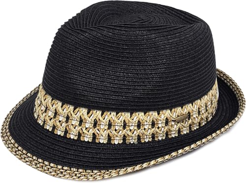 Funky Junque Short Brim Fedora Packable Sun Hat for Women - color: Black/Natural