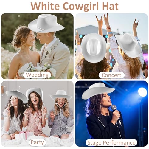 MEMOVAN Cowgirl Hat for Women Girls Western Cowboy Cowgirls Hats Felt Cowboy Hat Retro Wide Brim Western Hat - color: White-2pcs
