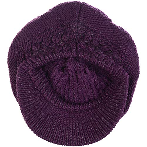 BYOS Womens Winter Chic Cable Warm Fleece Lined Crochet Knit Hat W/Visor Newsboy Cabbie Cap - color: Braided Front Purple