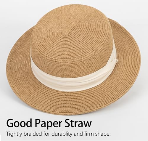 Straw Boater Summer Sun Hat - Wide Brim Fedora Panama Beach Hat for Women - color: Beige Band