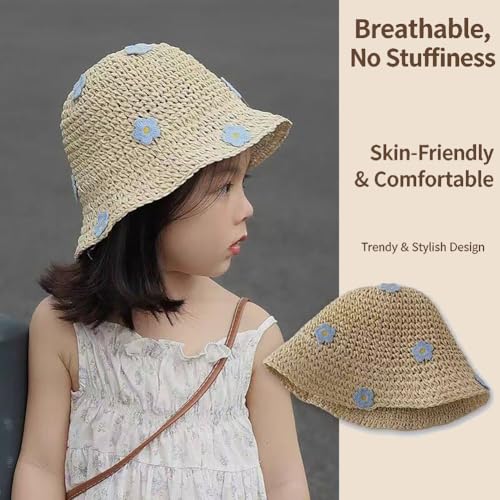 Toddler Straw Hat with Bow, UPF 50+ Foldable Beach Sun Cap for Baby - color: Flower Beige, size: 2-5T
