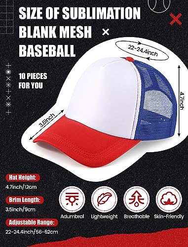Tarpop 10 Pcs Sublimation Blank Trucker Hats Bulk - color: Red Blue White