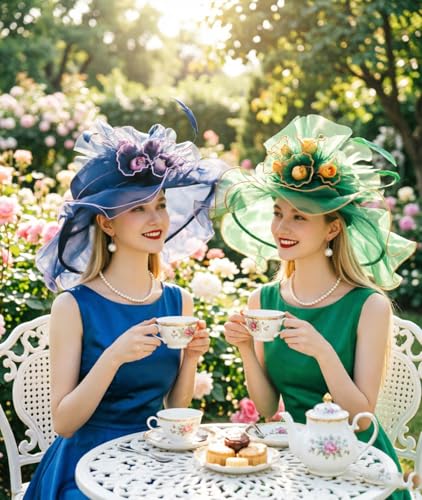 ORIDOOR Women Organza Fascinator Church Derby Hat Floral Tea Party Wedding Hat - color: A865-green