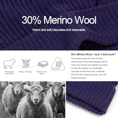M/L/XL/XXL Merino Wool Beanie for Men & Women, Oversize Fleece Lined Warm Winter Double Layered Stylish Knit Cuffed Ski Hat - color: Navy Blue, size: Medium-Large