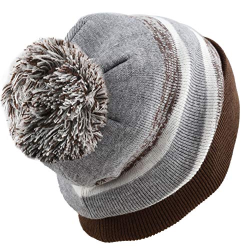 Winter Knit Beanie Hat with Pom Pom – Warm Cuffed Slouch Ski Cap for Men & Women - color: 1.brown and Grey With Pom