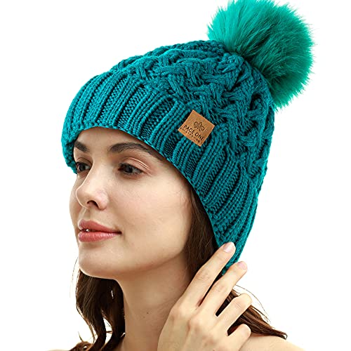 PAGE ONE Womens Winter Ribbed Beanie Crossed Cap Chunky Cable Knit Pompom Soft Warm Hat - color: Green