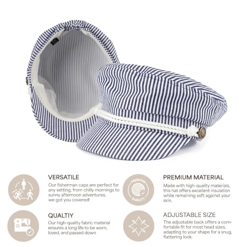C.C Cotton Fisherman Cap for Women – Classic Fiddler Hat, Lightweight Breathable Cotton, Trendy Greek Fisherman Style - color: Cotton Pin Stripe-navy