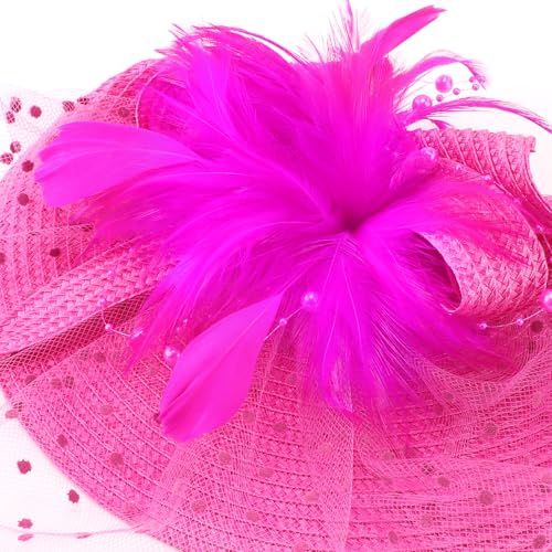 DRESHOW Fascinators Hat Flower Mesh Feathers Hat with a Headband and a Clip 7.9" Tea Party Headwear for Women - color: Folded Style 1: Rose Red / 7.9"