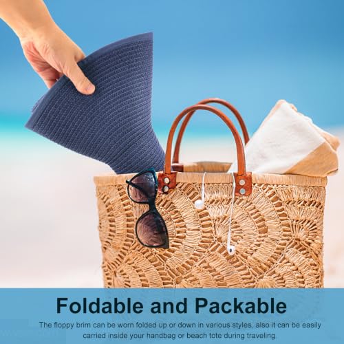 DRESHOW Big Straw Sun Hats for Women Floppy Foldable Roll up Beach Cap Sun Hat UPF 50+ Vacation Honeymoon Embroidered Hat - color: Medium Size: Navy / Brim 5.5" (Head Circumference 22-22.8")