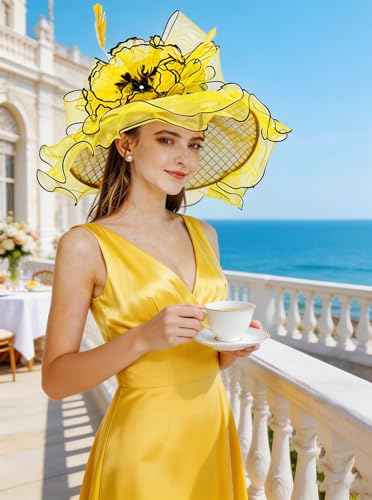 Z&X Women Organza Church Derby Hat Wide Brim Sun Hats for Wedding Tea Party Fascinator Hat, Dual-use - color: 021 Yellow