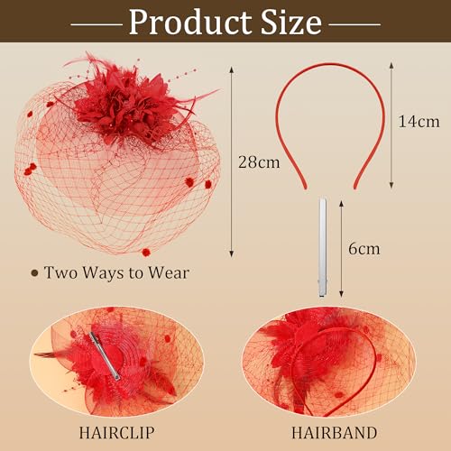 Fascinators Hats Tea Party Hats for Women Feather Veil Headband Vintage Lace Cocktail Headwear Bridal Wedding Veil Retro Hat - color: Red