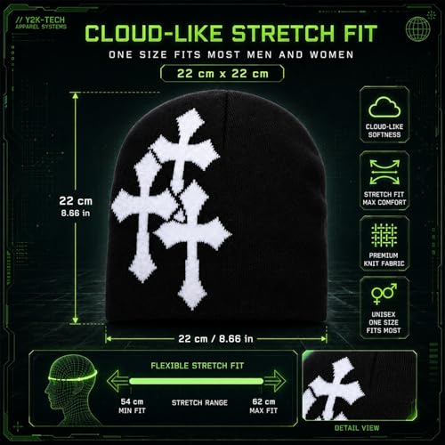 Y2K Beanie for Men Women Cross Graphic Knitted Hat, Slouchy Winter Warm Cap, Grunge Goth Cyber Aesthetics, Black - color: Black-white1