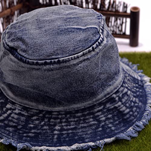 Cotton Denim Distressed Bucket Hat, Sun Hat, Hat for Men and Women - color: Bluc