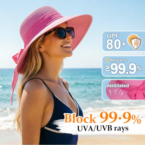 DRESHOW Sun Hats for Women Summer Wide Brim Beach Straw Hat Bowknot Bucket Hats Foldable Floppy Beach Sun Hat UPF 50+ - color: 1 Pack Bowknot Ribbon Hat: Rose Pink