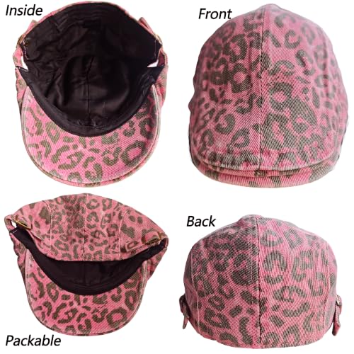 Retro Leopard Beret Cap 20s-Gatsby Fashion Cows Newsboy Caps Cotton Blend Ivy Flat Cabbie Hat Medium - color: Pink Leopard
