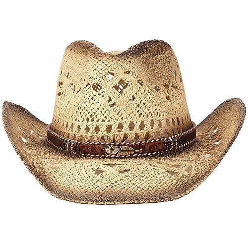 Foeran Men's Women's Straw Cowboy Hat Cowgirl Woven Sun Hat Western Cowboy Hat Two Decorative Bands - color: Golden Leaves